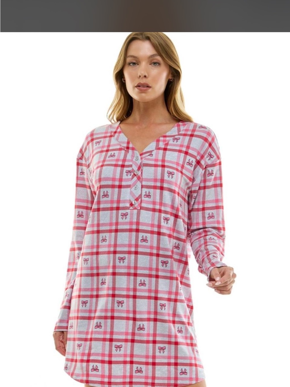 Roudelaine Pink Plaid Long Sleeve Henley Nightshirt XS